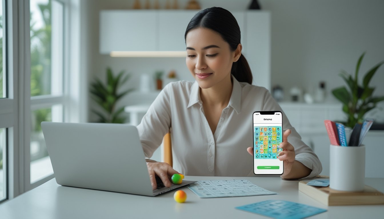 Seorang dewasa memeriksa permainan bingo di laptop, dengan bola bingo dan ponsel di atas meja.