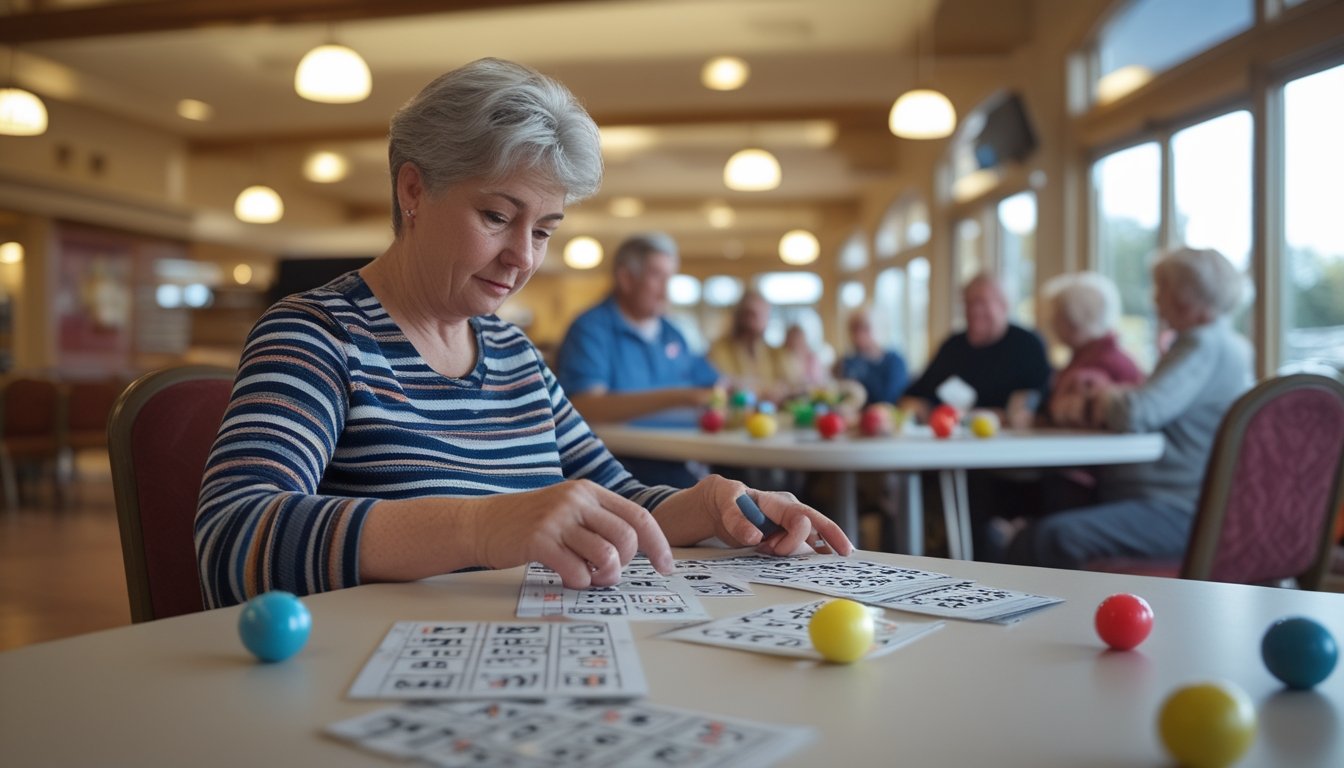 Seorang pemain dewasa memeriksa kartu bingo dan menandai nomor di sebuah aula bingo.