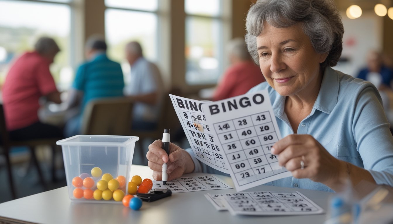 Seorang pemain bingo memeriksa kartu sambil memegang spidol di meja.