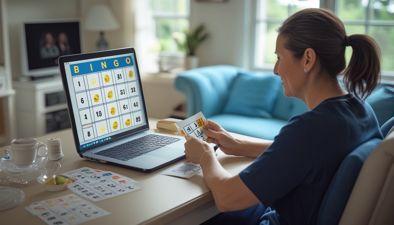 Seorang dewasa bermain bingo daring di rumah menggunakan laptop dan kartu bingo.