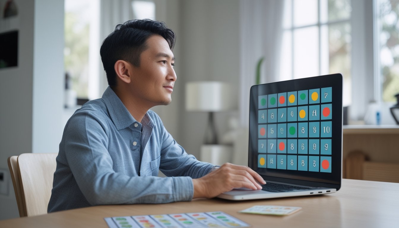 Seseorang mempelajari permainan bingo daring di laptop dari rumah.