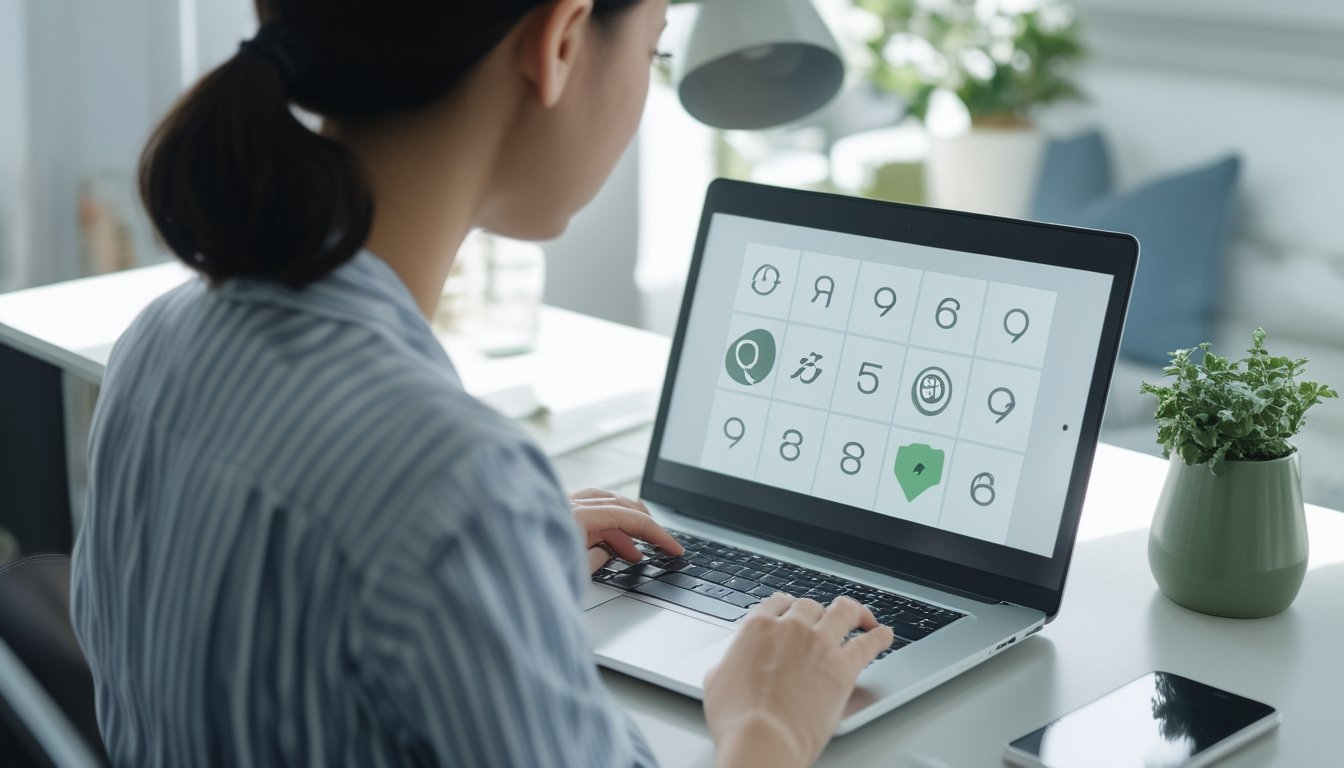 Seseorang menggunakan laptop dengan tampilan bingo sederhana di meja kerja.