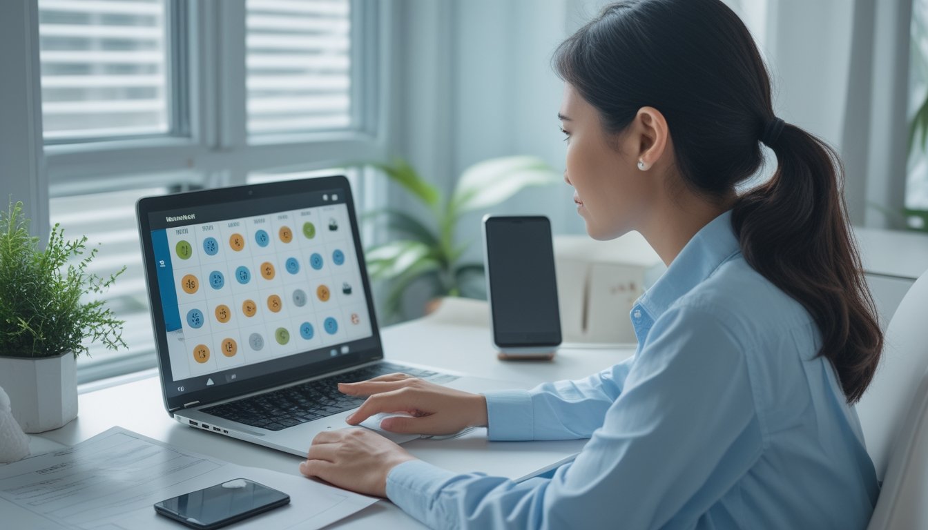 Seorang dewasa Indonesia memeriksa antarmuka bingo di laptop dengan ponsel dan dokumen di meja.