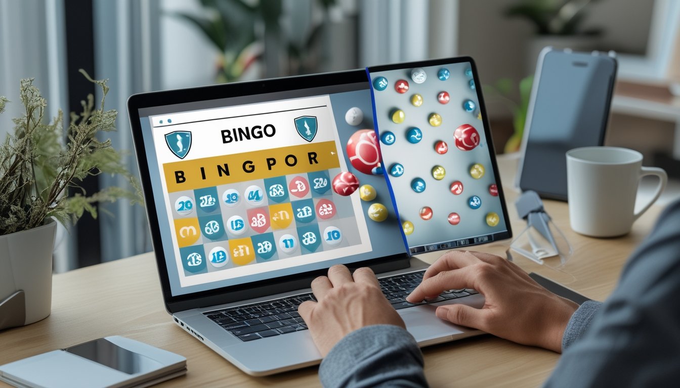 Seseorang membandingkan dua tampilan situs bingo di laptop, satu tampak aman dan satu mencurigakan.