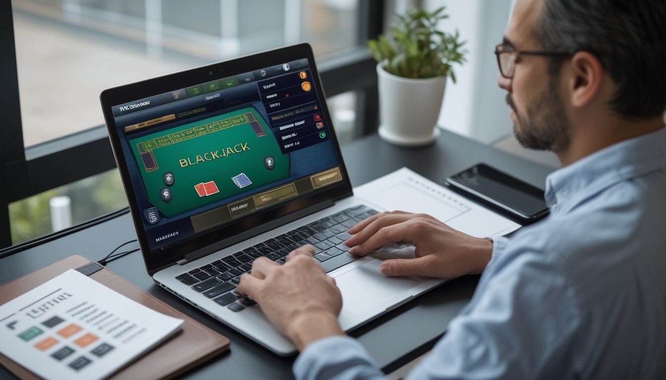 Seorang pemula mempelajari permainan blackjack di laptop sambil melihat kartu dan catatan strategi.