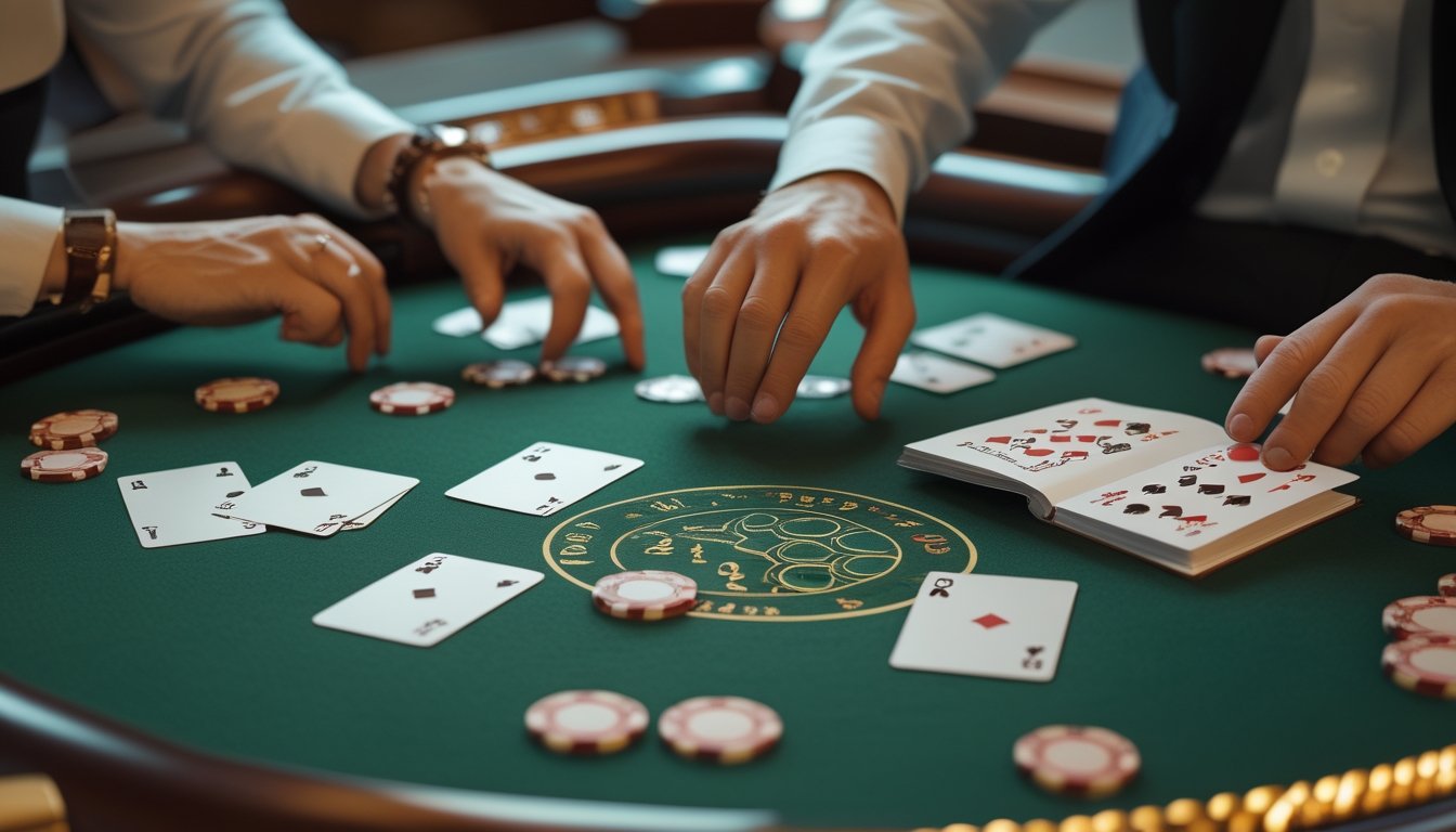 Seorang pemula mempelajari kartu blackjack bersama dealer di meja kasino.