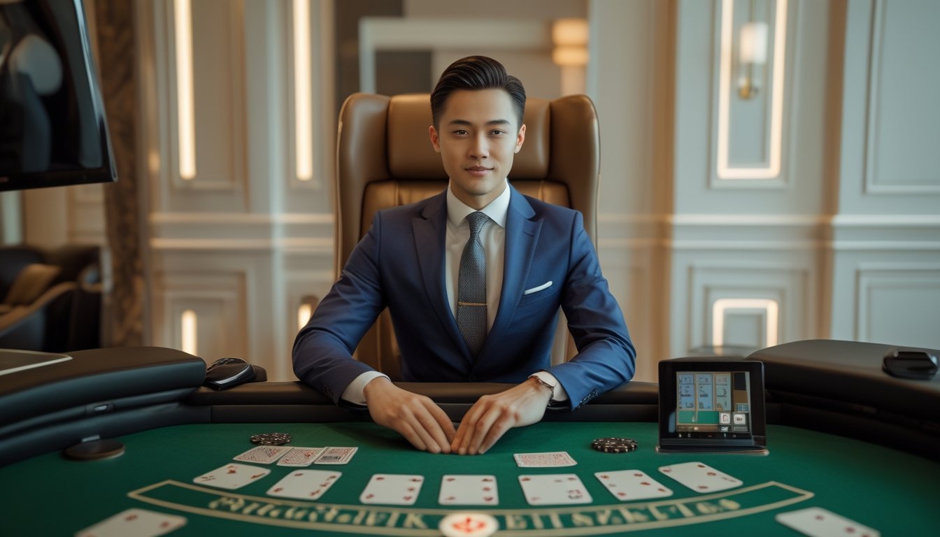 Dealer membagikan kartu blackjack di meja kasino.