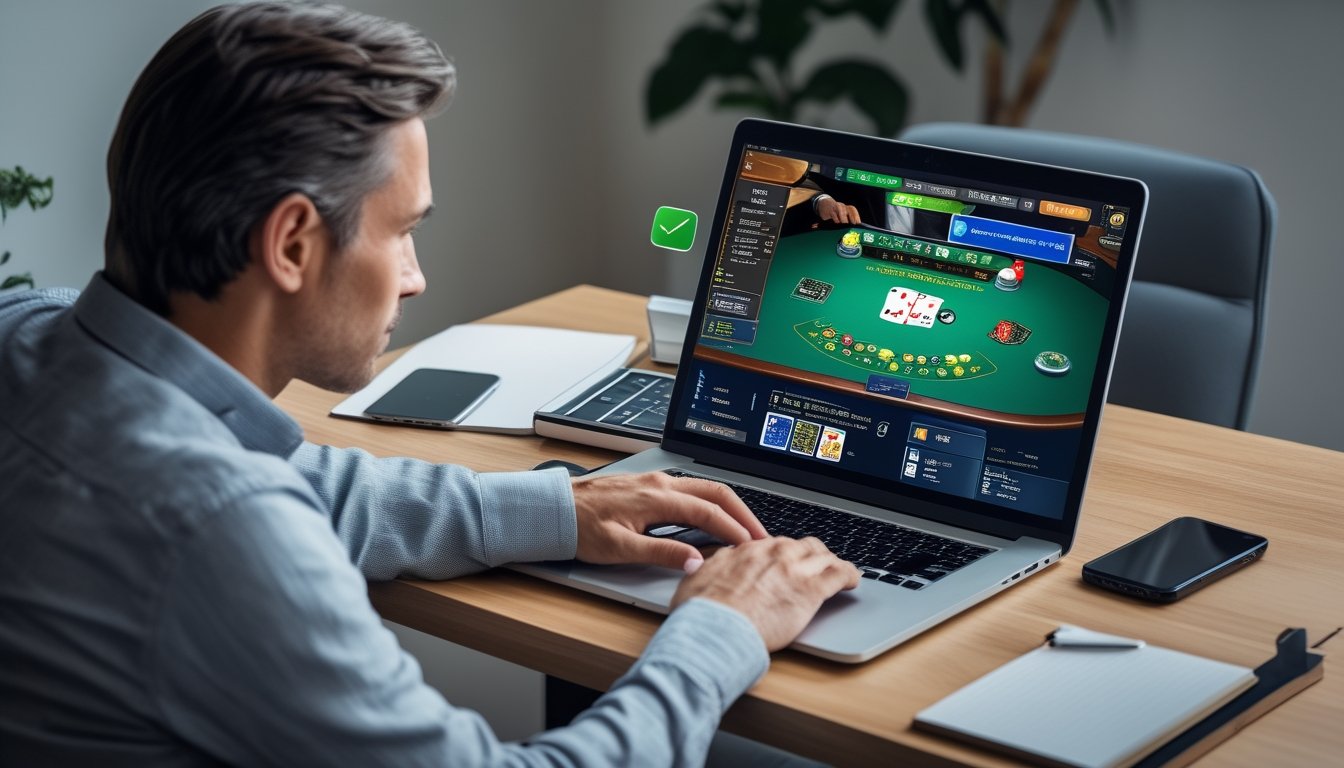 Seseorang memeriksa tampilan permainan blackjack langsung di laptop sebelum mengakses platform.