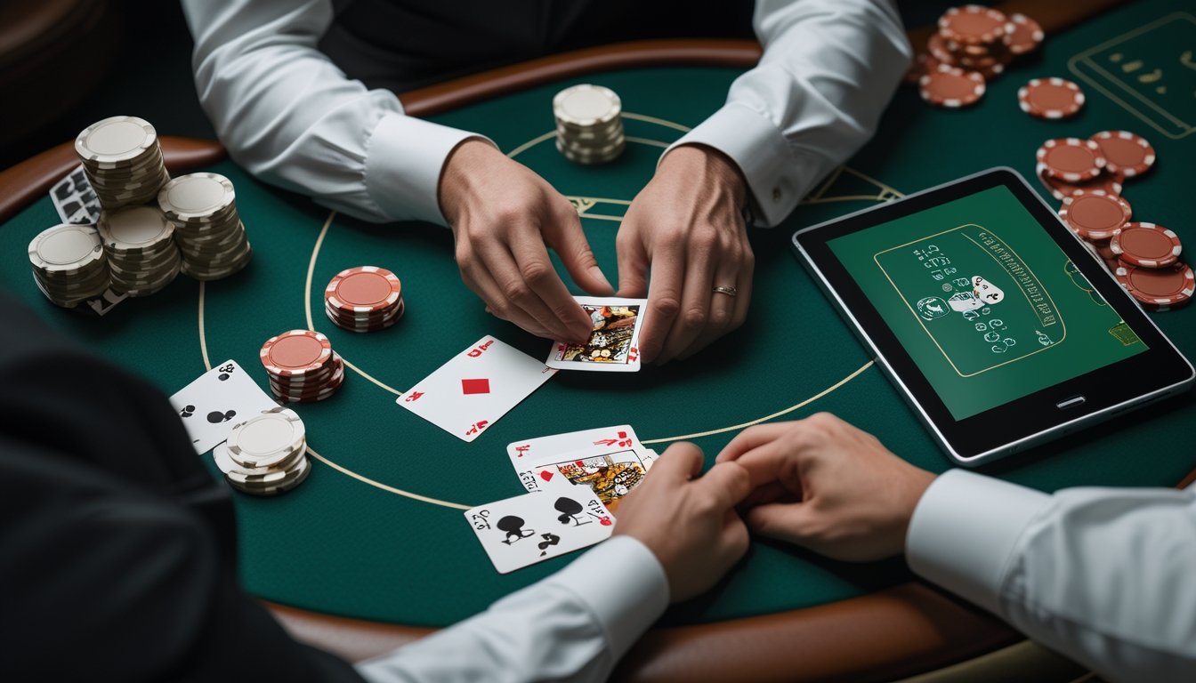 Tangan dealer menyusun kartu dan chip di meja blackjack, dengan perangkat menampilkan antarmuka permainan.
