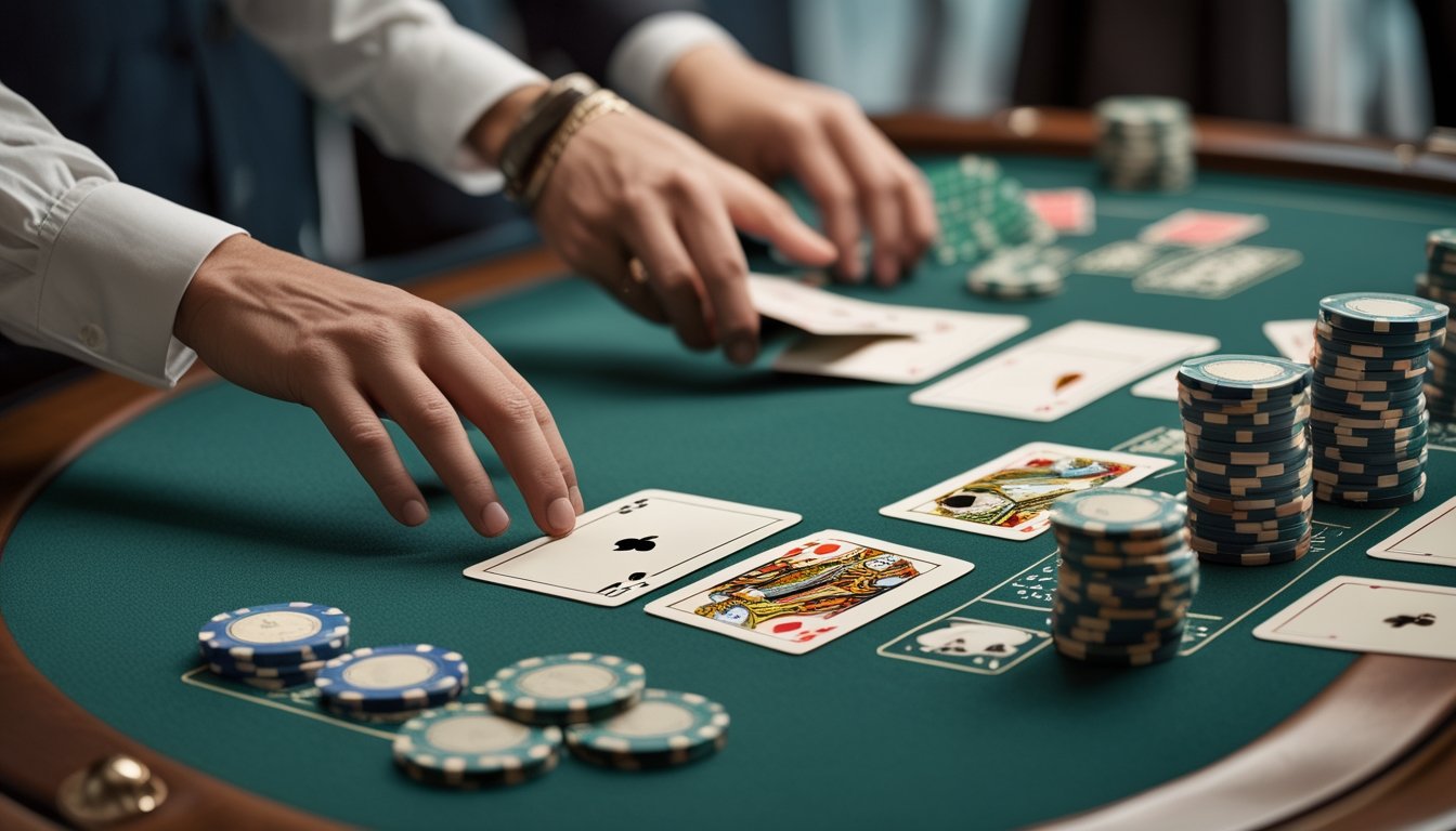 Tangan dealer membagikan kartu blackjack di atas meja hijau dengan beberapa keping taruhan.
