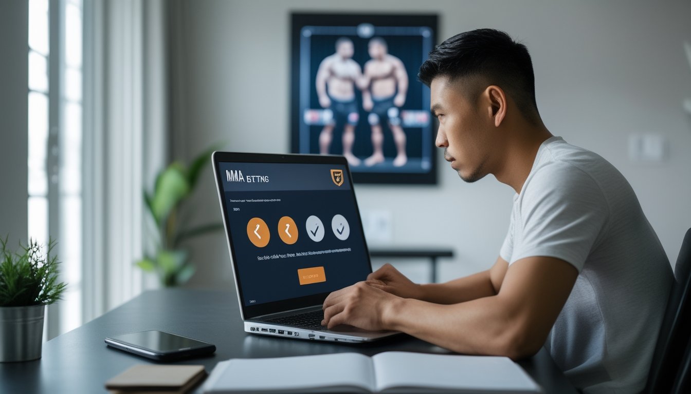 Seorang pria mempelajari situs taruhan MMA di laptop di meja rumah.