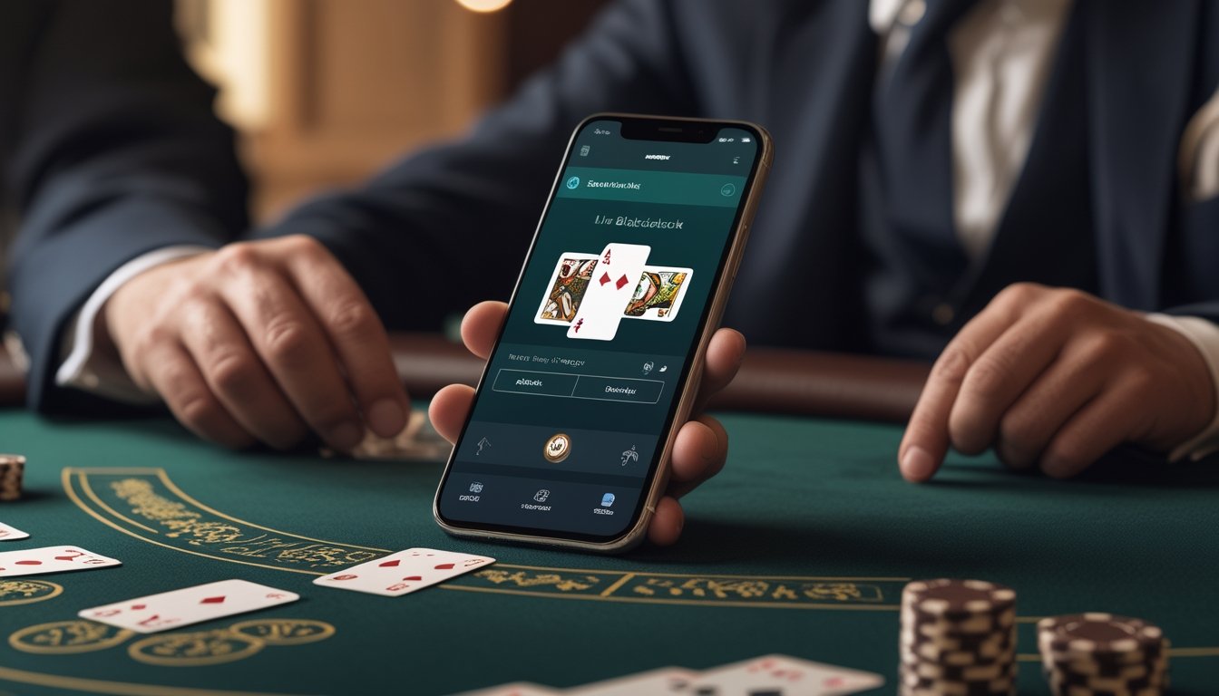 Seorang pemain mempertimbangkan langkah blackjack langsung melalui ponsel di meja kasino.
