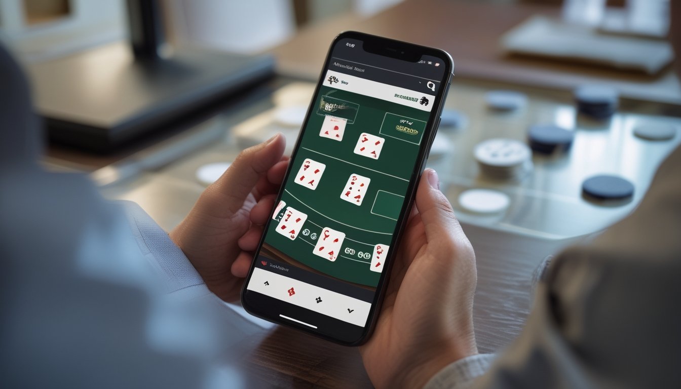 Seseorang melihat permainan blackjack di ponsel di dekat meja kartu.