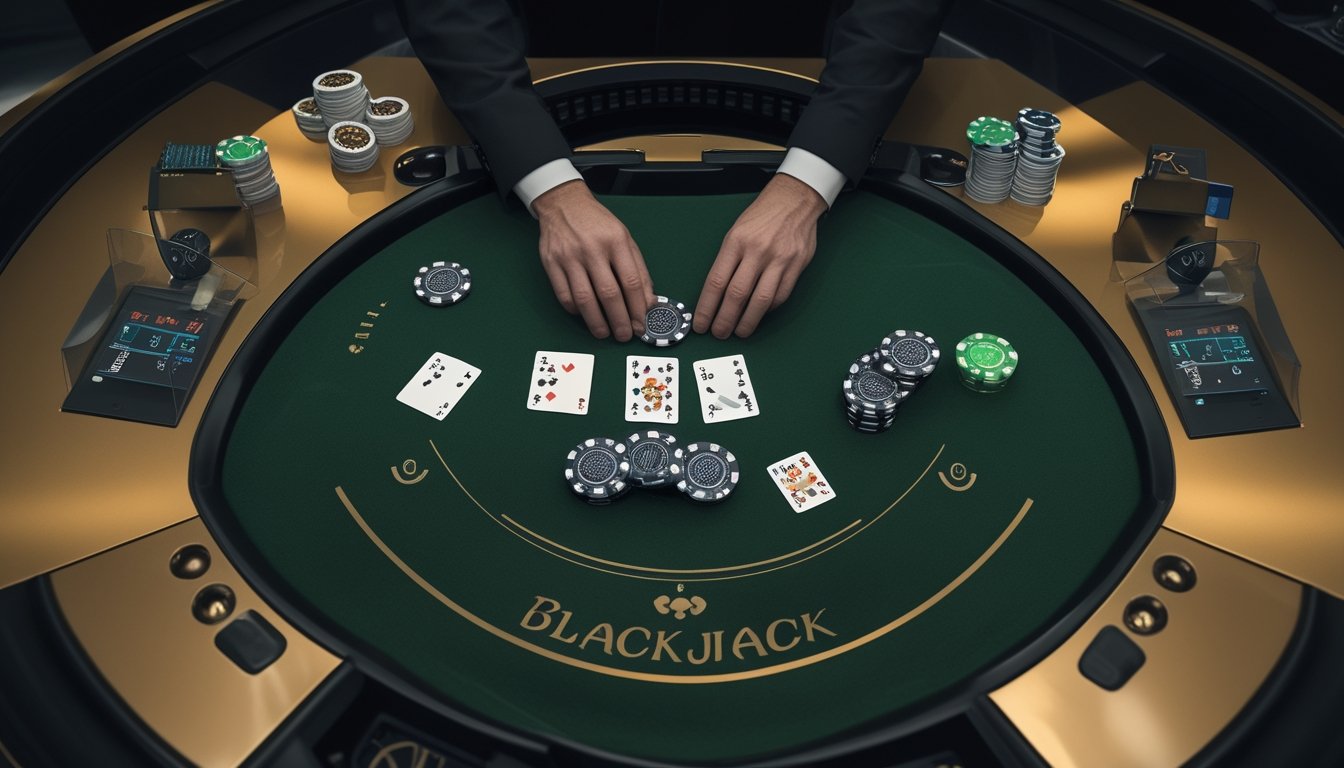 Tangan dealer mengatur kartu blackjack dan tumpukan keping di atas meja hijau.