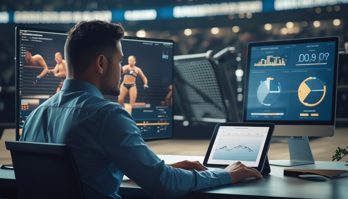 Seorang analis mempelajari grafik statistik petarung MMA di depan layar yang menampilkan arena.