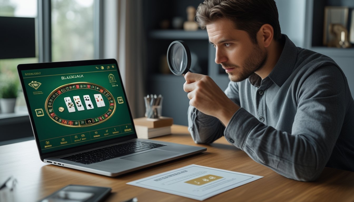 Seseorang memeriksa platform blackjack online di laptop dengan dokumen verifikasi di sampingnya.