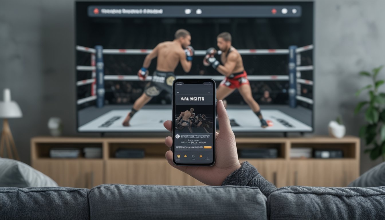 Seseorang menonton pertandingan MMA di televisi sambil memegang ponsel.