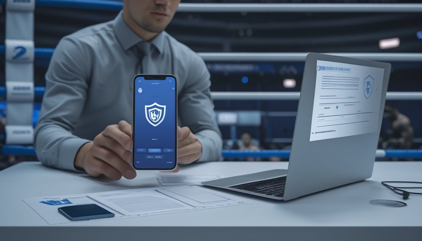 Seseorang memeriksa aplikasi taruhan MMA di ponsel sambil membandingkan informasi lisensi pada laptop.