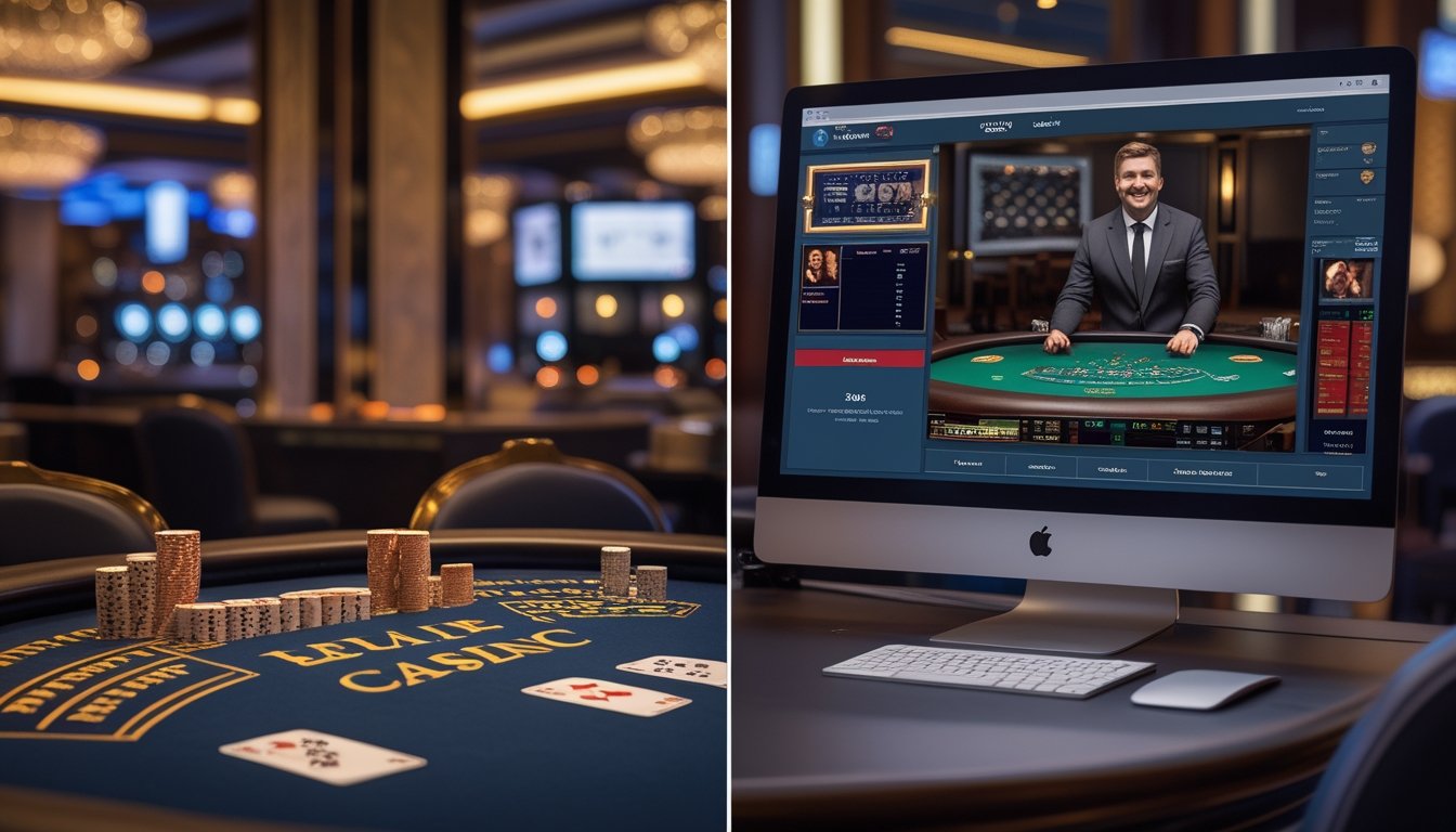 Meja blackjack tradisional dan layar yang menampilkan dealer blackjack langsung.