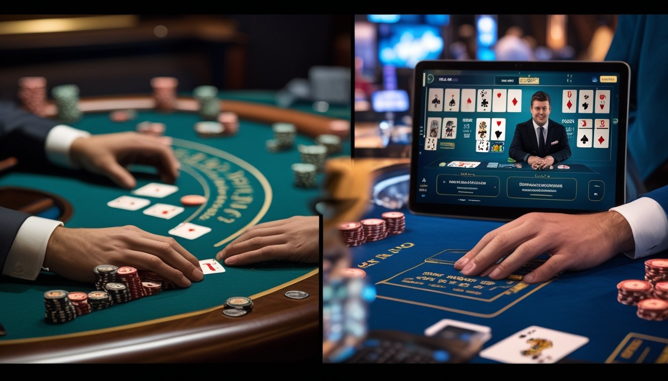Meja blackjack klasik berdampingan dengan layar yang menampilkan permainan blackjack langsung.