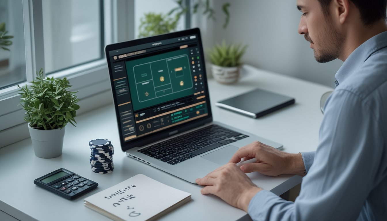Seseorang meninjau tumpukan chip dan permainan blackjack di laptop sambil mencatat anggaran.