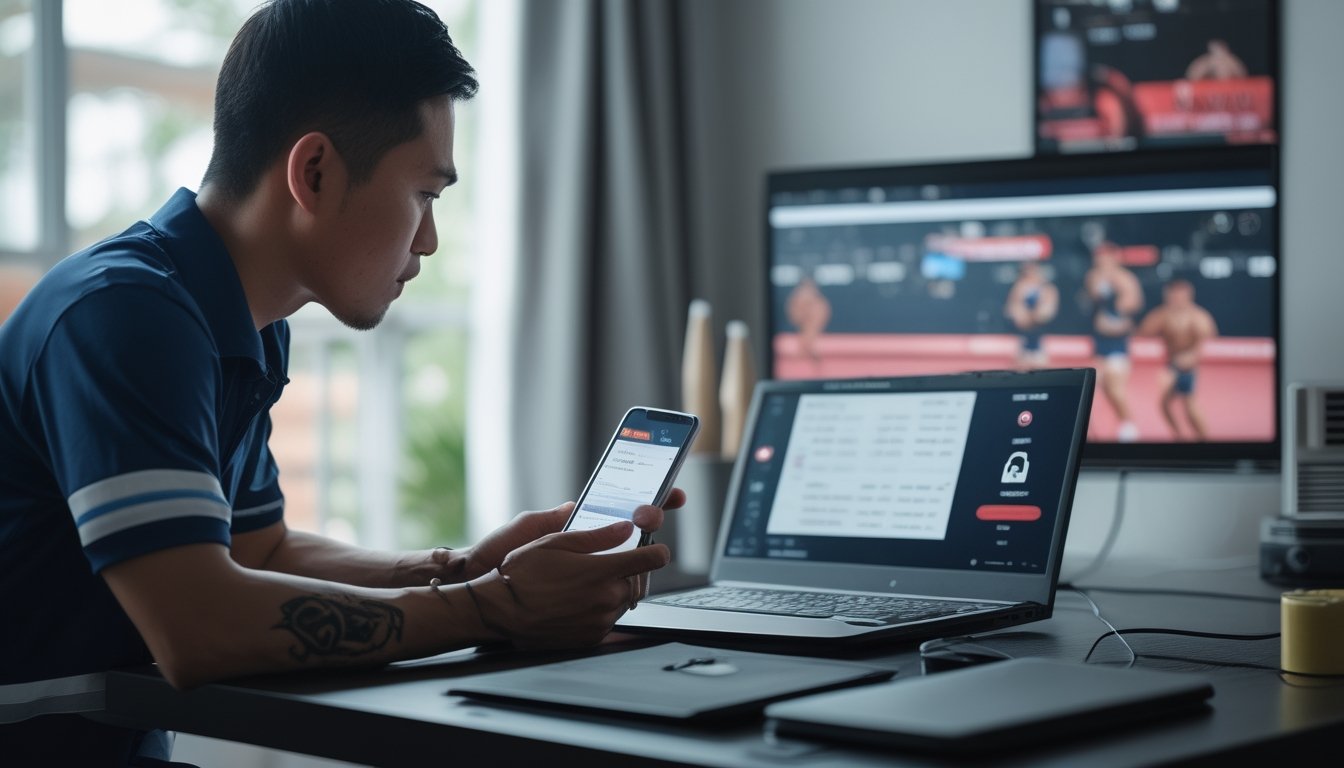 Seorang penggemar MMA memeriksa ponsel dan laptop dengan simbol keamanan di meja rumah.