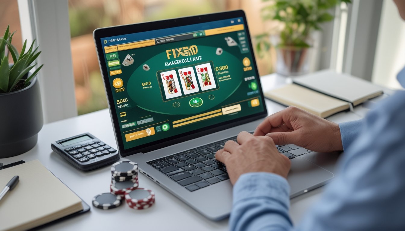 Seseorang menetapkan batas modal dengan mengatur keping poker di samping laptop yang menampilkan meja blackjack.