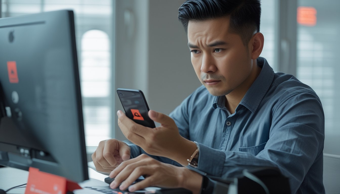 Seorang pria memeriksa ponsel dengan hati-hati di depan laptop.