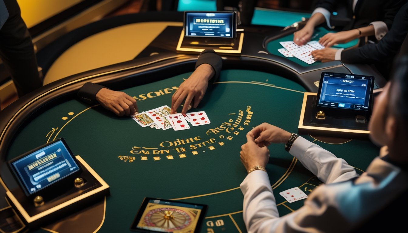 Dealer membagikan kartu blackjack di meja kasino dengan beberapa area permainan.