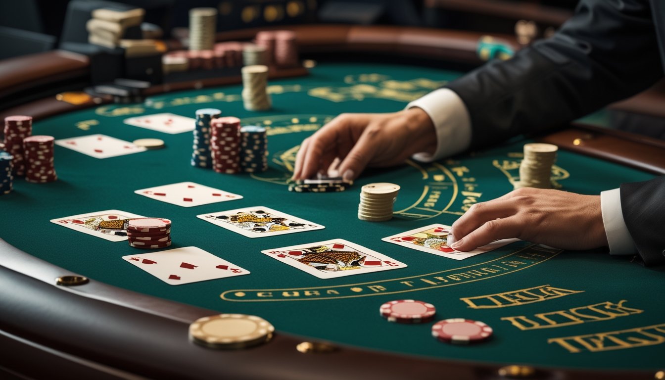 Meja blackjack dengan kartu dan tumpukan chip.