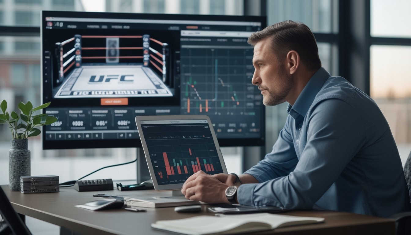 Seorang analis membandingkan pertandingan UFC di monitor dengan grafik peluang taruhan di tablet.