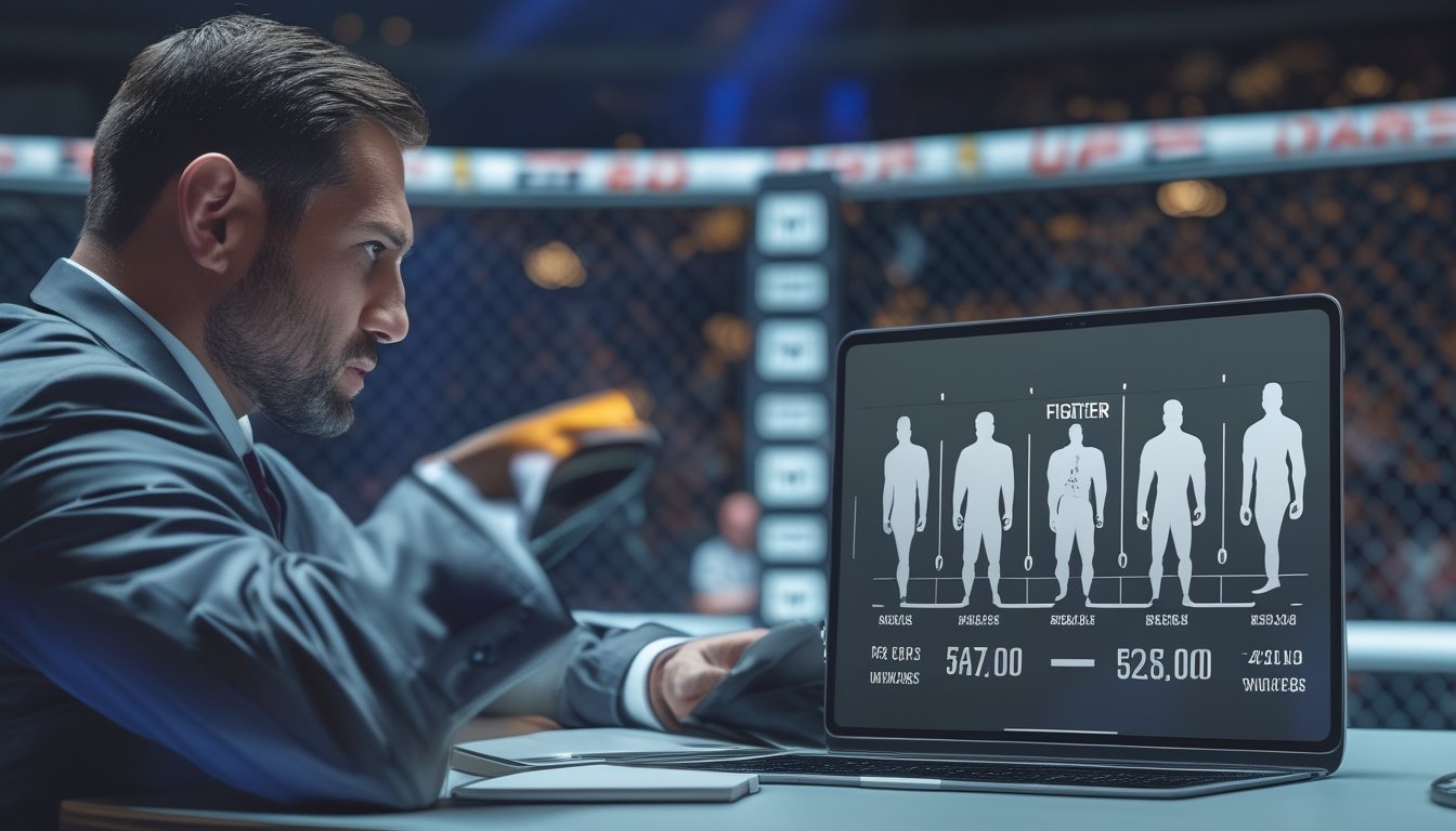 Seorang analis mempelajari peluang pertandingan UFC di tablet dengan arena MMA di latar belakang.