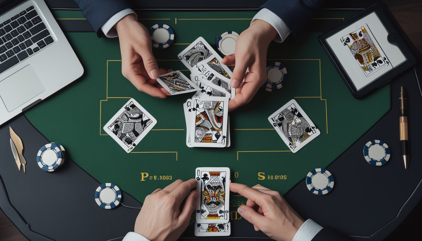 Kartu blackjack, keping taruhan, dan perangkat digital di atas meja permainan.