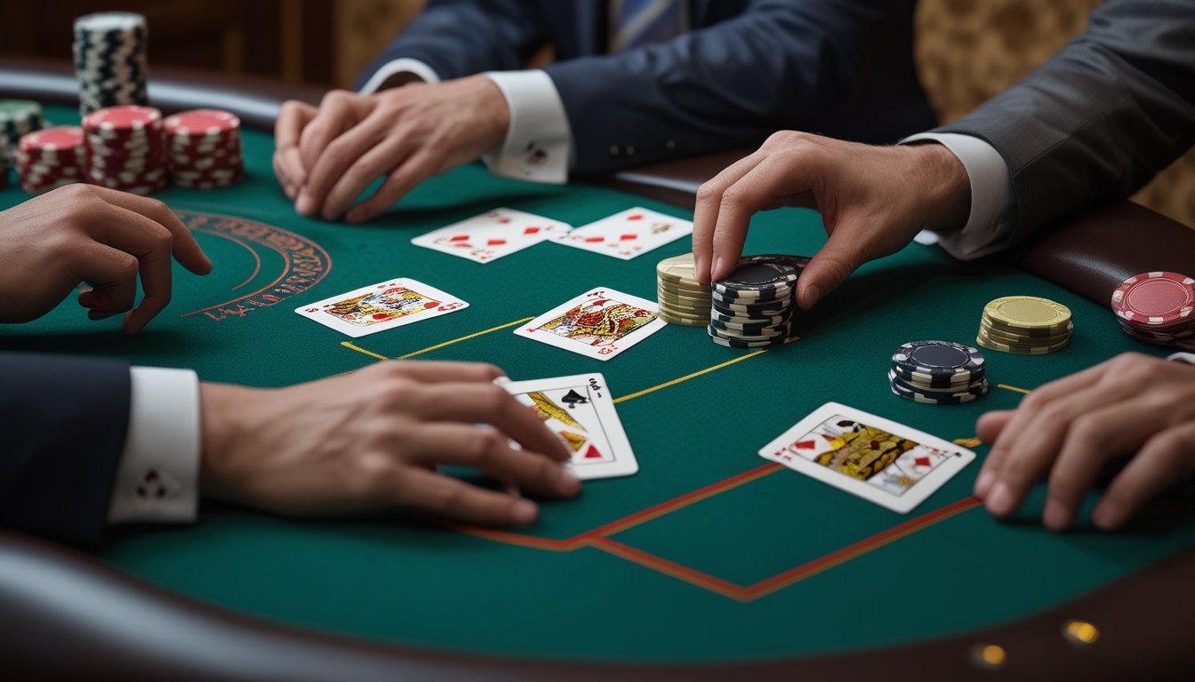 Tangan pemain dan dealer di meja blackjack dengan kartu serta tumpukan chip.
