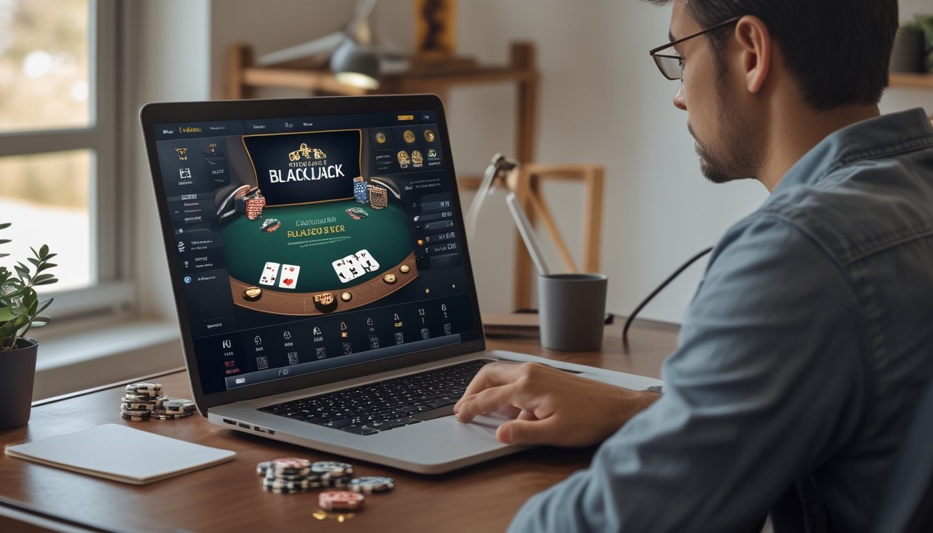 Seorang pemula mempelajari permainan blackjack di laptop sambil mempertimbangkan langkahnya.