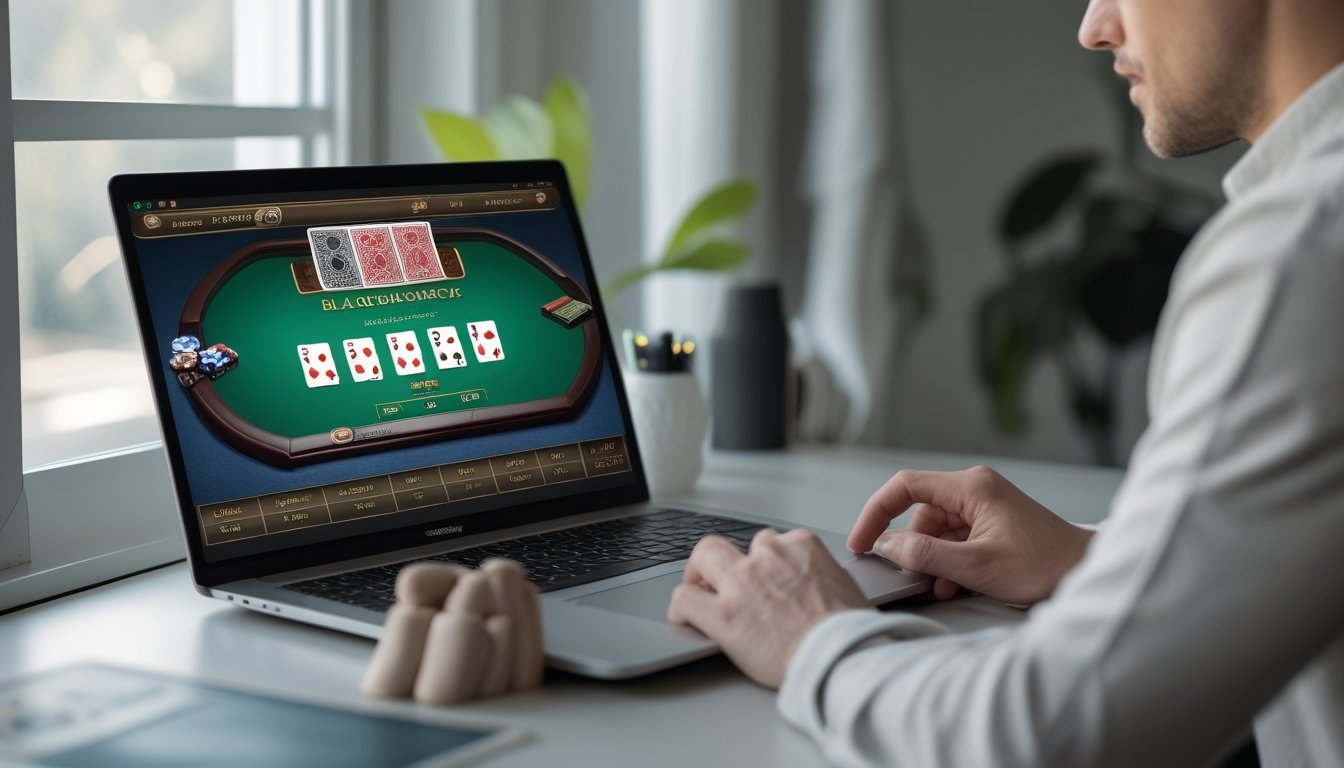 Seorang pemula mempelajari permainan blackjack di laptop sambil mempertimbangkan langkah berikutnya.