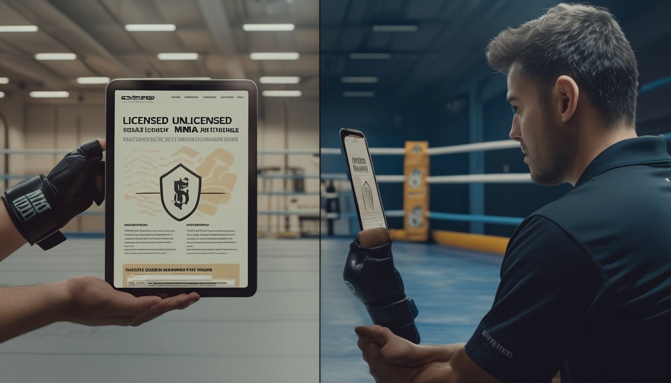 Seseorang membandingkan dua platform taruhan MMA di tablet dekat sasana latihan.
