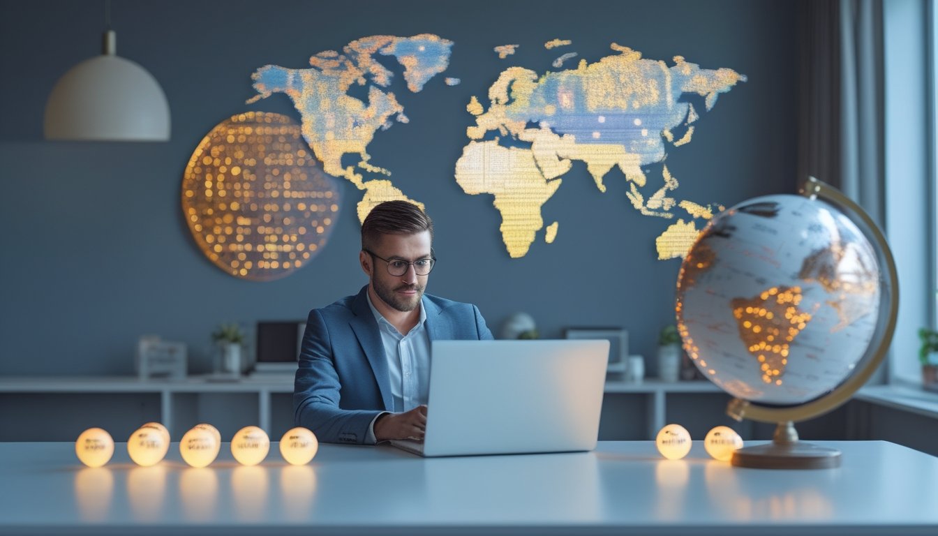 Seorang profesional melihat laptop di meja dengan globe dan peta dunia di latar belakang.