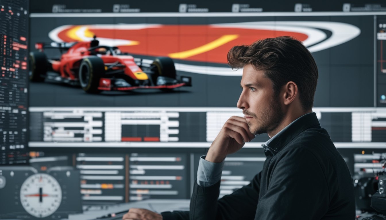 Seorang analis mengamati peta sirkuit dan grafik saat mobil Formula 1 melaju di layar.