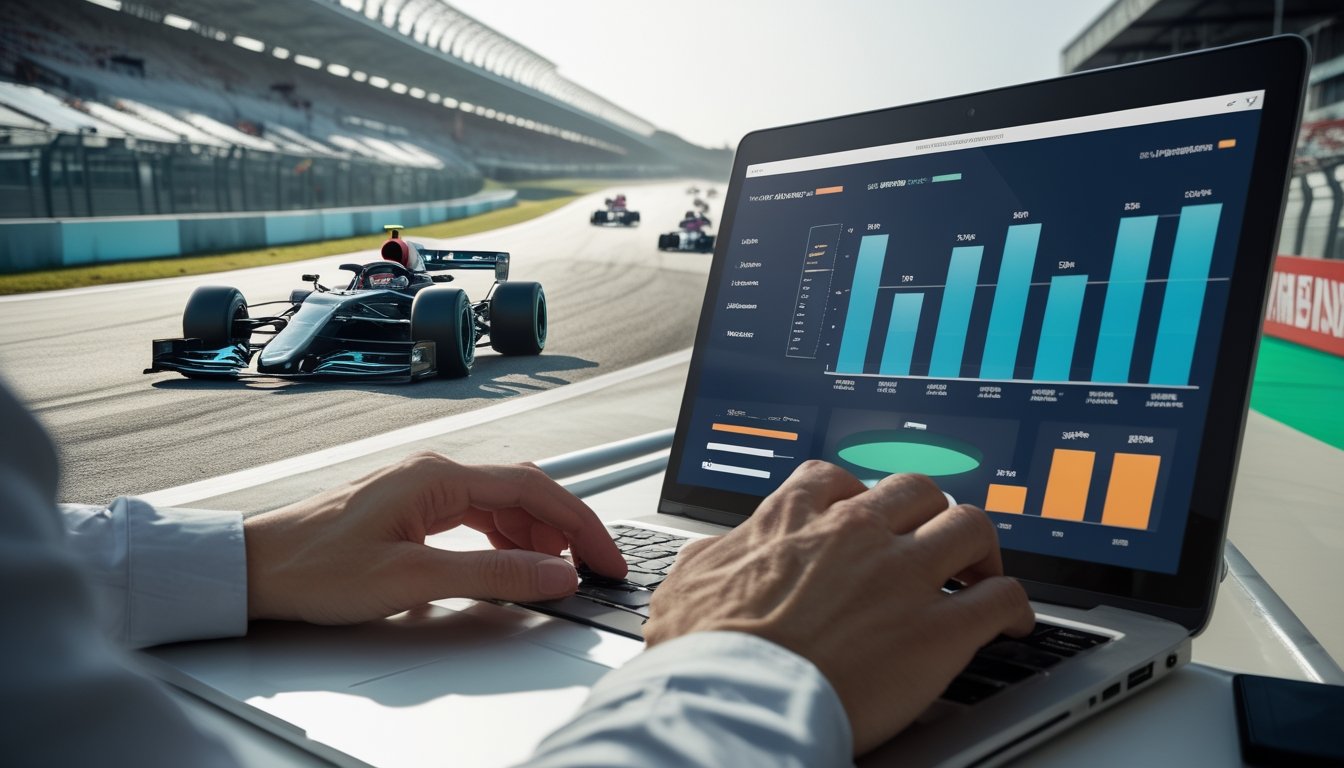 Mobil-mobil Formula 1 melaju di tikungan, sementara seorang analis melihat grafik balapan di laptop.