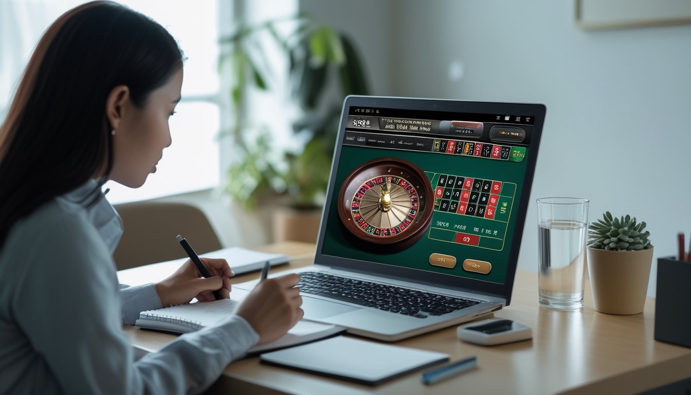 Seorang pemula mempelajari permainan roulette di laptop sambil mencatat di meja.