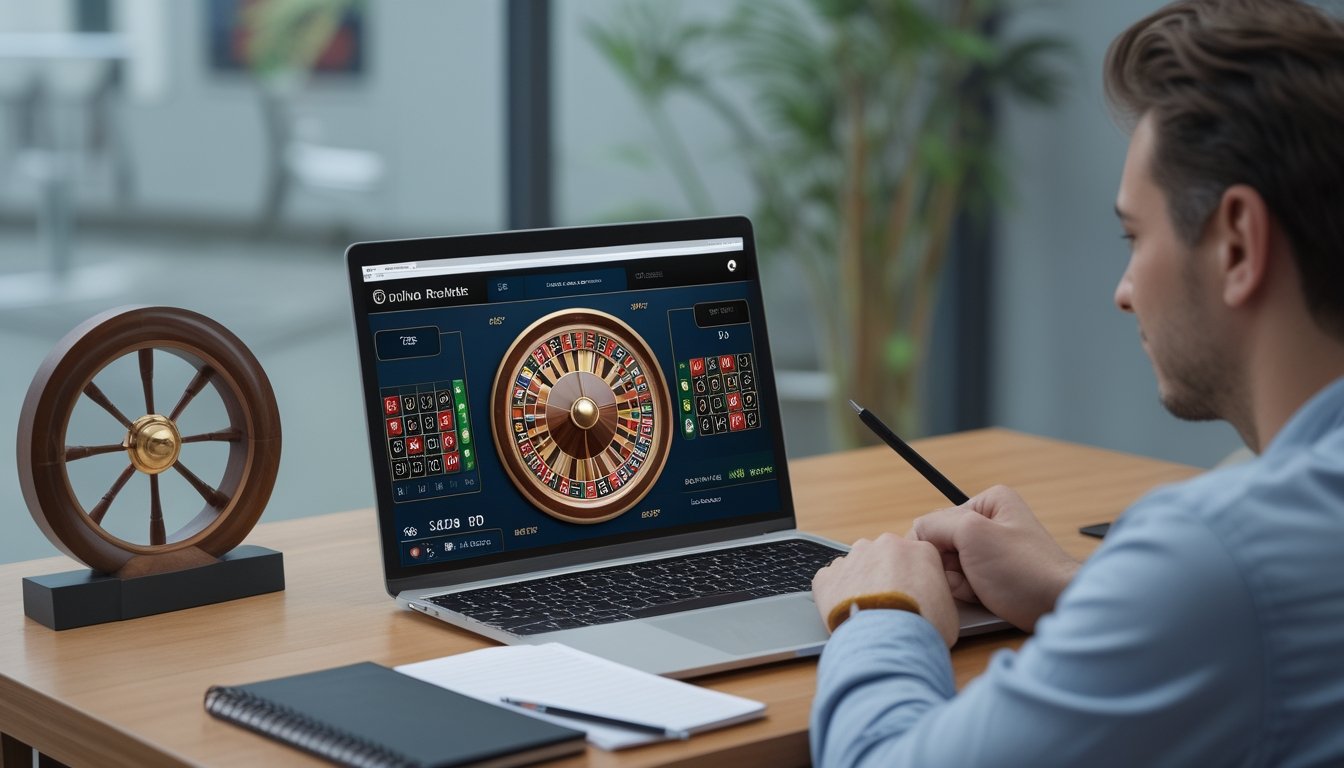 Seorang pemula mempelajari roulette di laptop sambil mencatat.