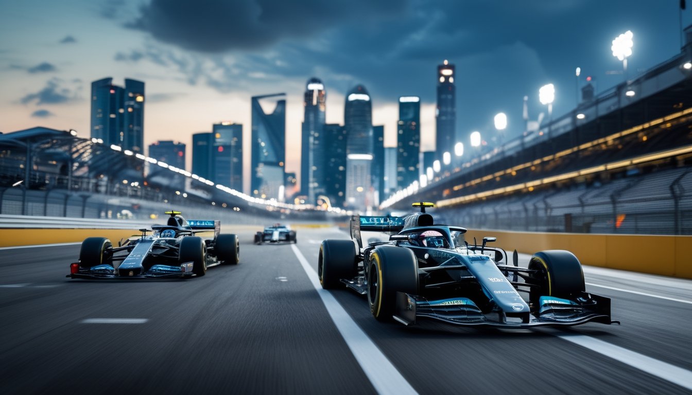 Tiga mobil Formula 1 berlomba di sirkuit jalanan Singapura pada malam hari.