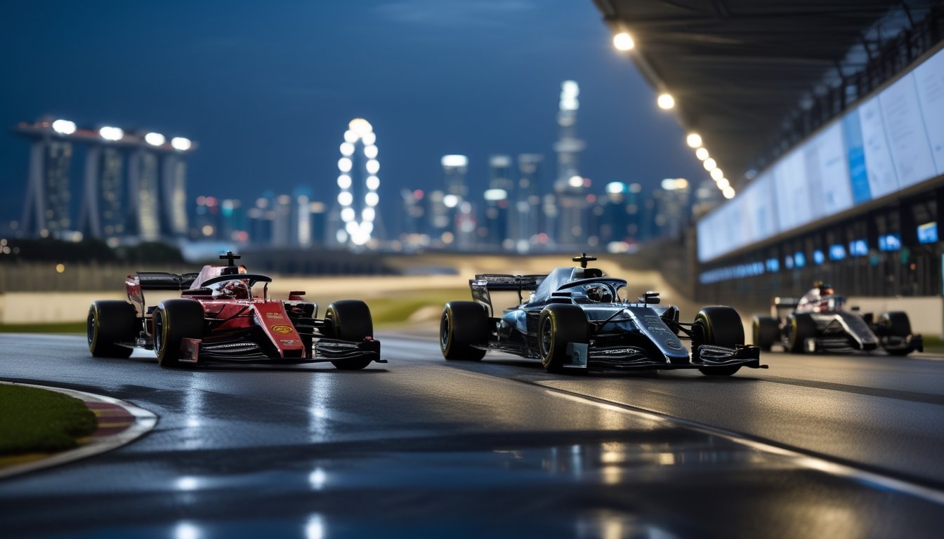 Tiga mobil Formula 1 melaju di sirkuit malam Singapura dengan gedung kota yang diterangi lampu.