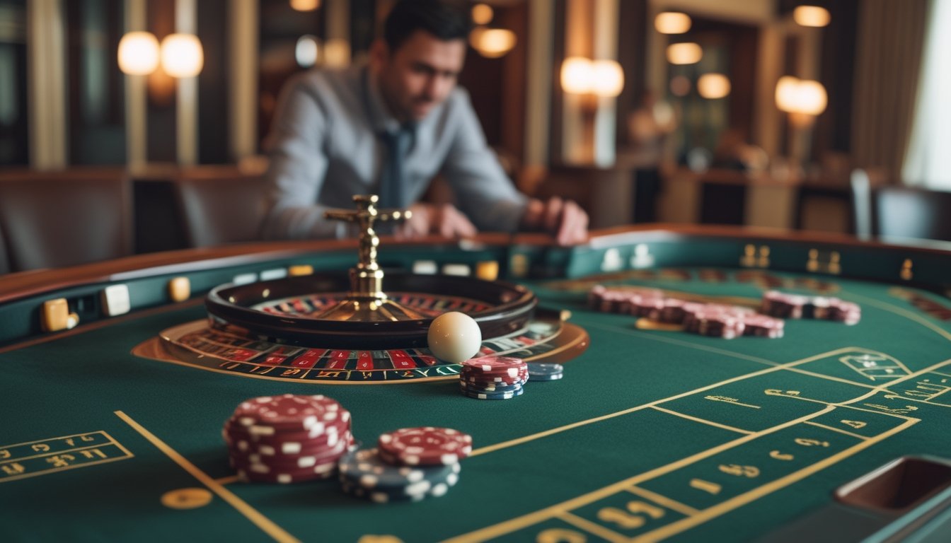 Seseorang mengamati roda roulette dan keping taruhan di meja kasino.
