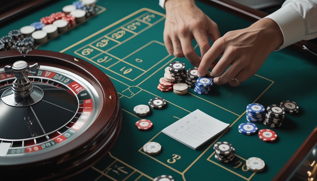Roda roulette dan keping taruhan tersusun di atas meja kasino.