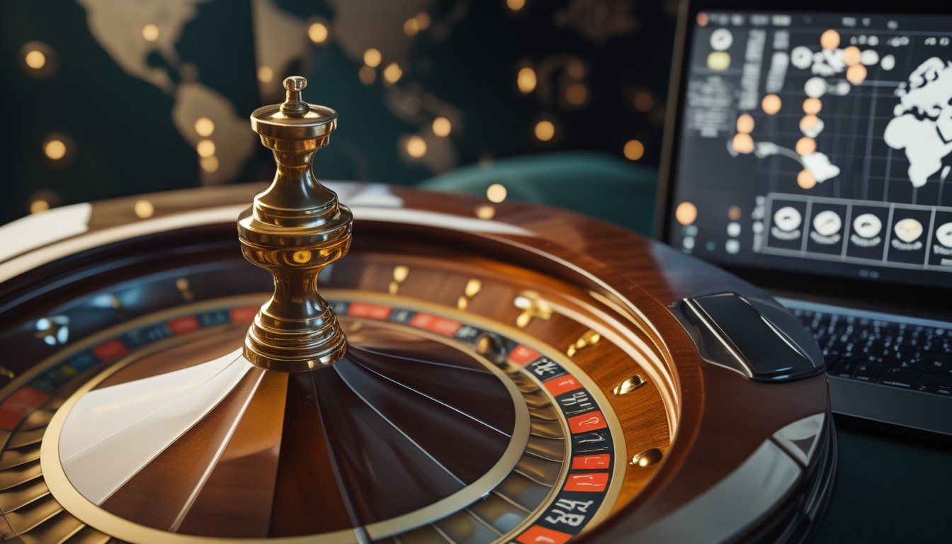 Roda roulette di samping laptop dengan peta dunia di latar belakang.
