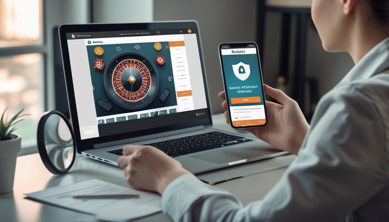 Seseorang memeriksa keamanan situs roulette melalui laptop dan ponsel.