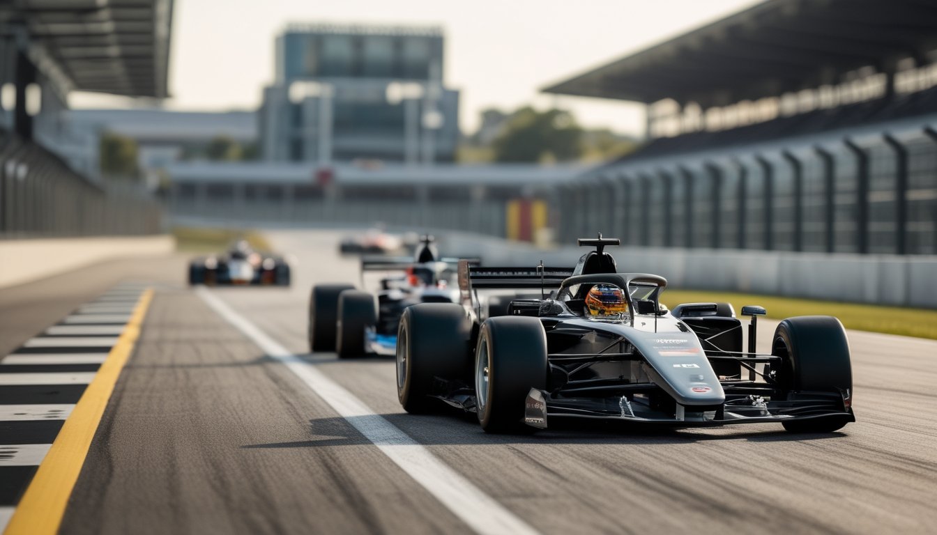 Beberapa mobil balap Formula 1 melaju berdekatan di sirkuit.