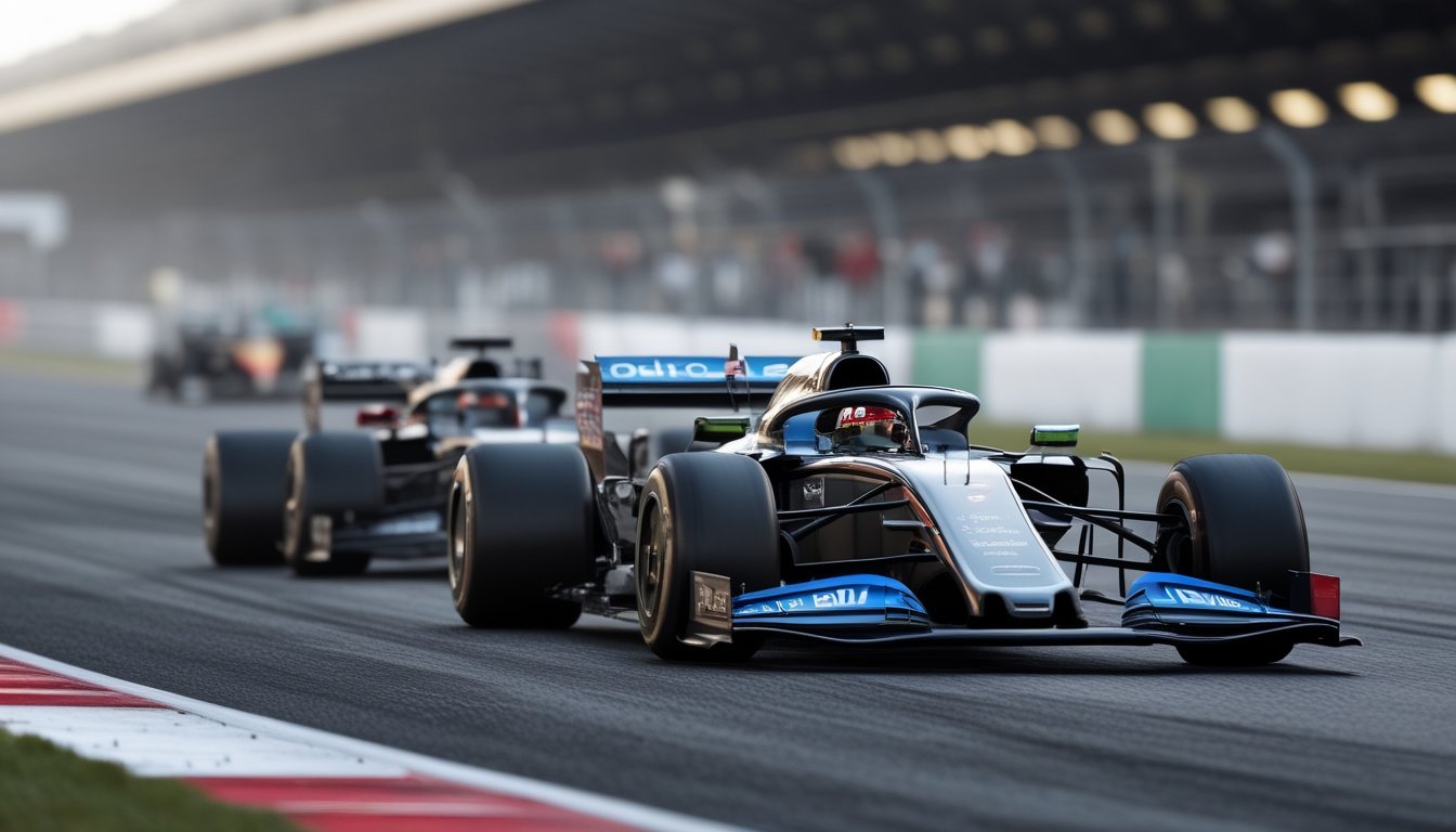 Dua mobil Formula 1 bersaing ketat di tikungan sirkuit.